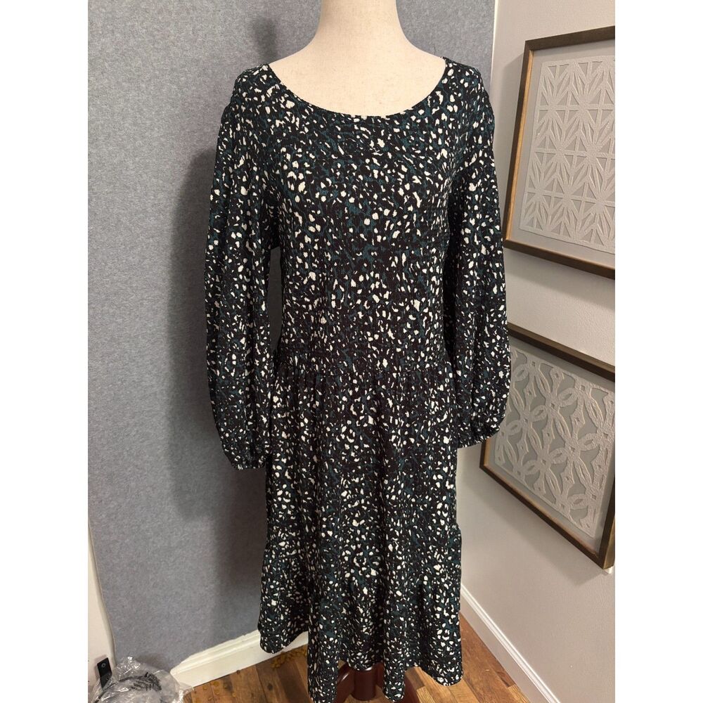 Sandra Darren Leapord Printed Dress Black Teal Boho Cottagecore Midi L Whimsy